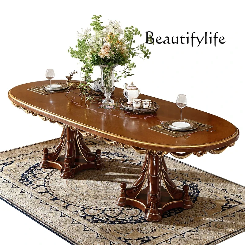 X35 Retro Solid Wood Dining Table Luxury Carved Hand Painted Large Dining Table Villa Oval High-end Dining Table