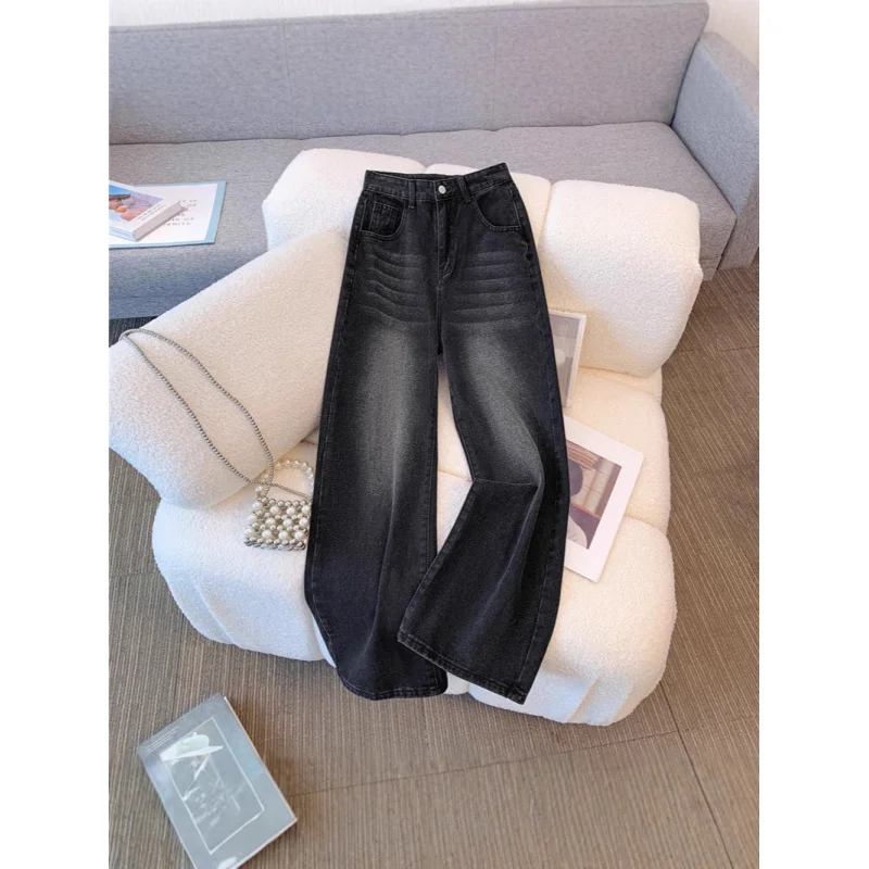 

New autumn and winter foreign trade black wide-leg jeans for women, straight cut, loose fit, slimming, high-waisted, drapey, flo