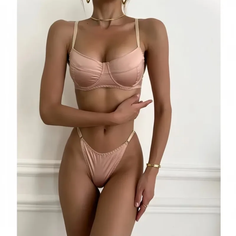Sexy Satin Lingerie 2 Pcs Sets Fancy Patchwork Bras And Thongs Underwear Suits Attractive Bilizna Intimate Erotic Set