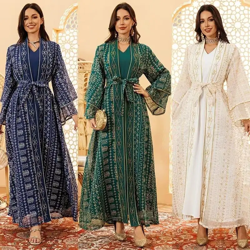 Traje de Oriente Medio bordado Dr conjunto de dos piezas vestido largo Sve V Ne con falda de red cintura ajustable campana Sve