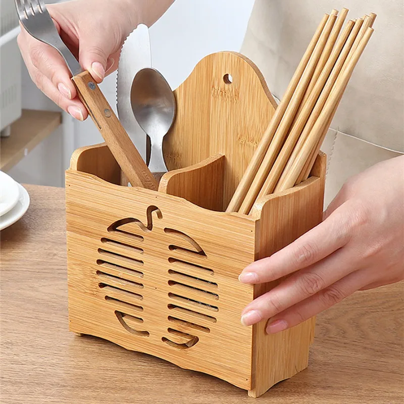 Kitchen Wooden Drain Chopsticks Cage Cutlery Hollow Drainer Storage Rack Spoon Chopstick Organizer Home Accessories