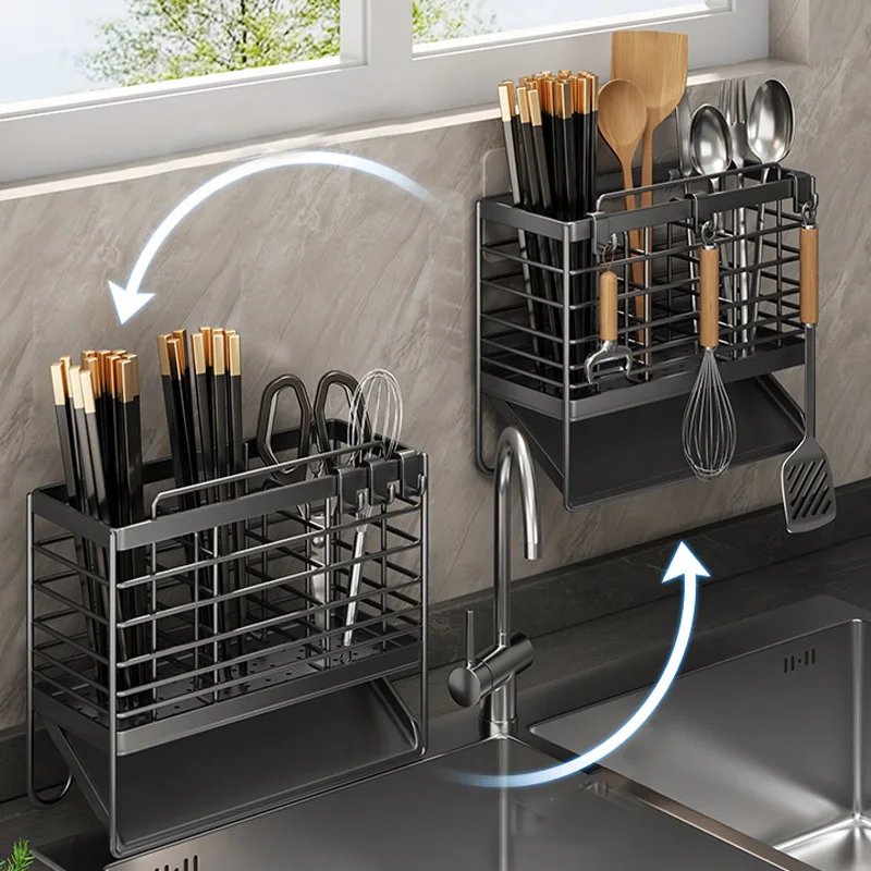 Cutlery Organizer Kitchen Storage Rack Wall Mounted Knife, Fork, Spoon Chopstick Rack with Drainage Tray Kitchen Utensil Cage