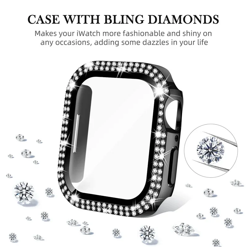 Bling Glass+Cover For Apple Watch Case 44mm 45mm 41mm 40mm 42mm 44 mm Diamond bumper+Screen Protector iwatch series 7 9 8 5 6 SE