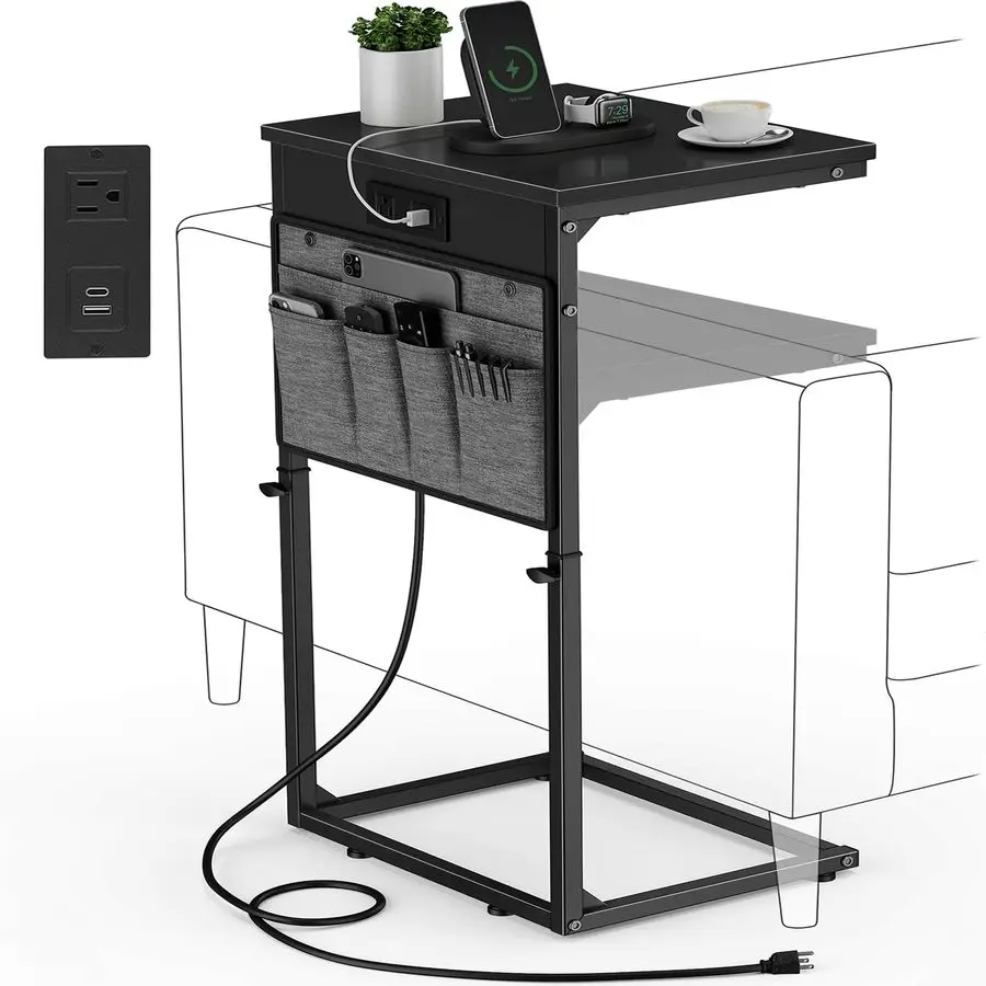 

Приставной столик C-образной формы с зарядной станцией, высокий C-образный столик с регулируемой высотой, приставной столик для дивана, маленький выдвижной столик для дивана