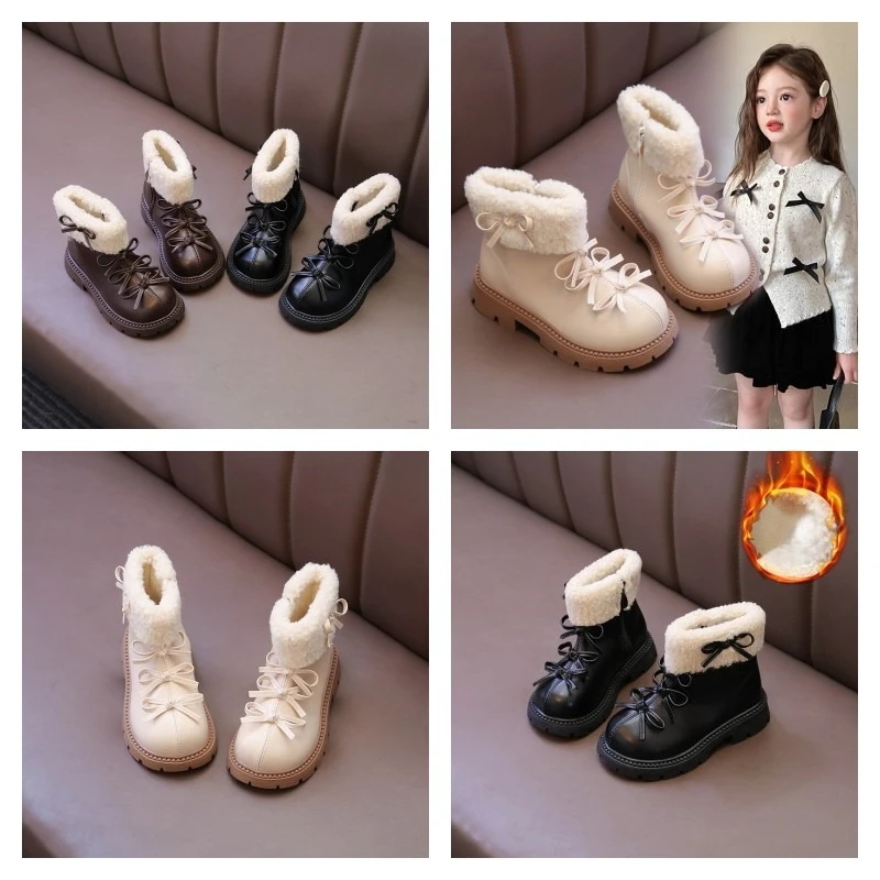 

Girls Padded Fashion Leather Boots 2-18 Years Old Thickened Bow Hairy Girls Cotton Shoes Winter Beige Soft Non-slip Kids Boots