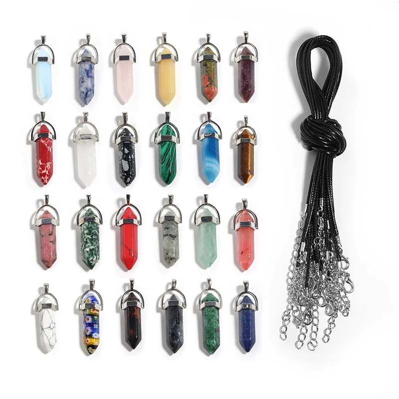 1Pcs Hexagonal Column Crystal Pendant Natural Stone Charms With Leather Rope Necklace For Women Men Jewelry Gift Necklace