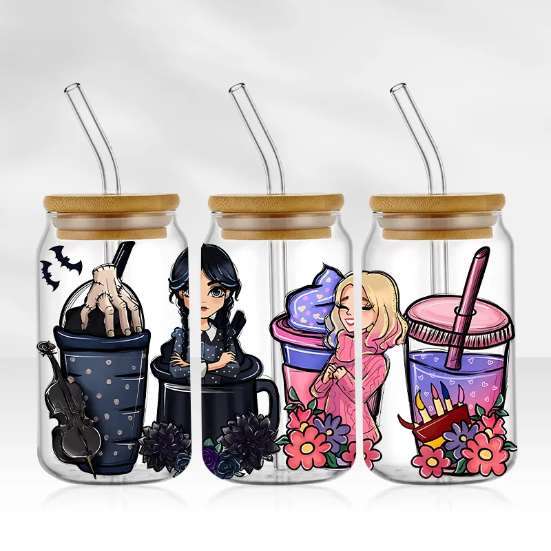 Wednesday Addams UV DTF Cup Sticker UV Libbey Wrap Transfer Sticker Custom Labels DIY Self adhesive Waterproof Dancing Queen