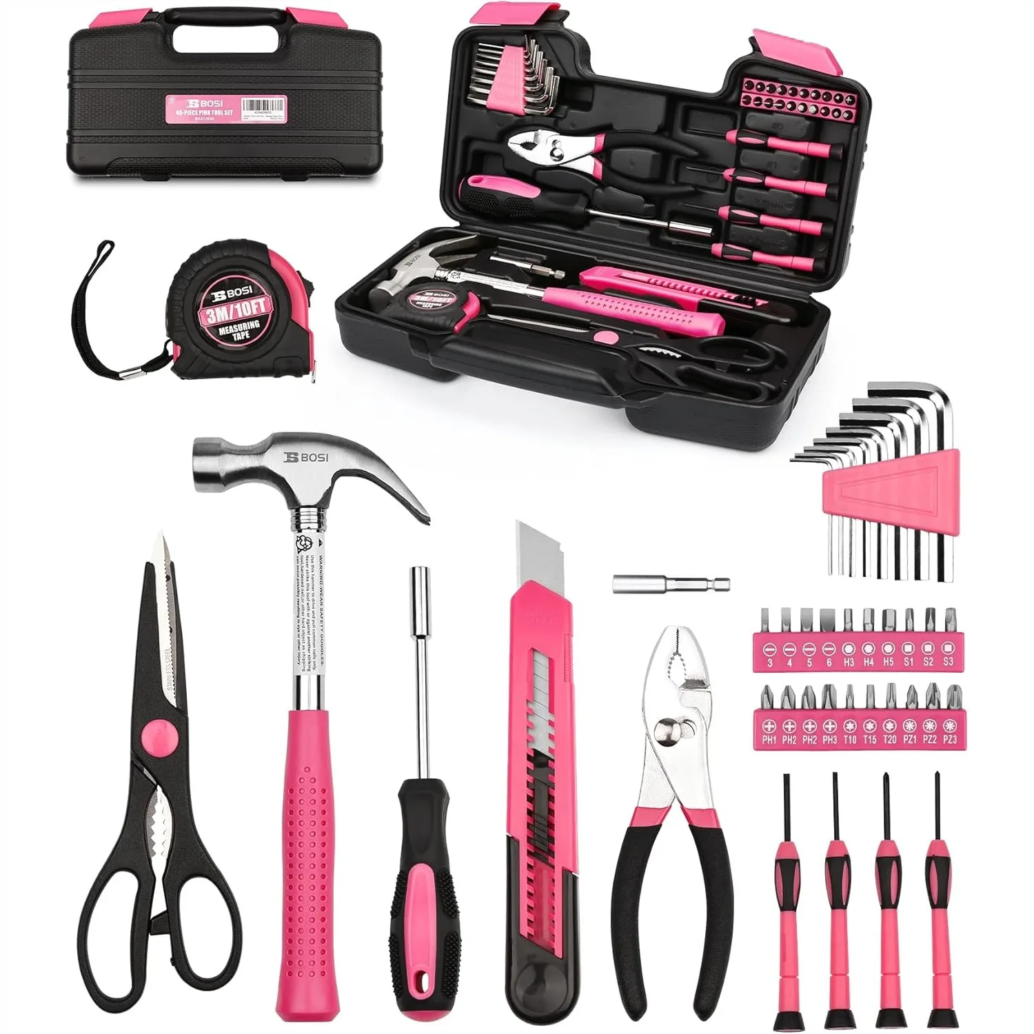 

40 Piece Pink Tool Set For Women General Household Hand Tool Kit With Plastic Toolbox Essential Tools For Home Garage Office College Dormitory