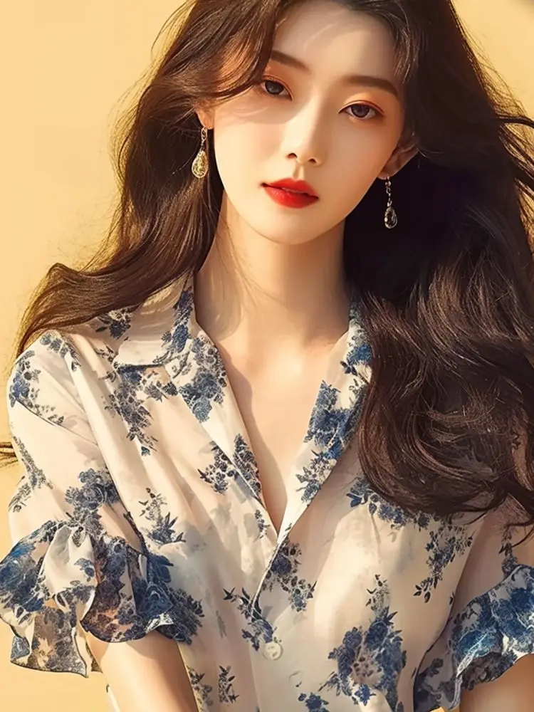 French Top Temperament Ruffled Floral Short-sleeved Shirt Summer Fashion Versatile Elegant Cardigan