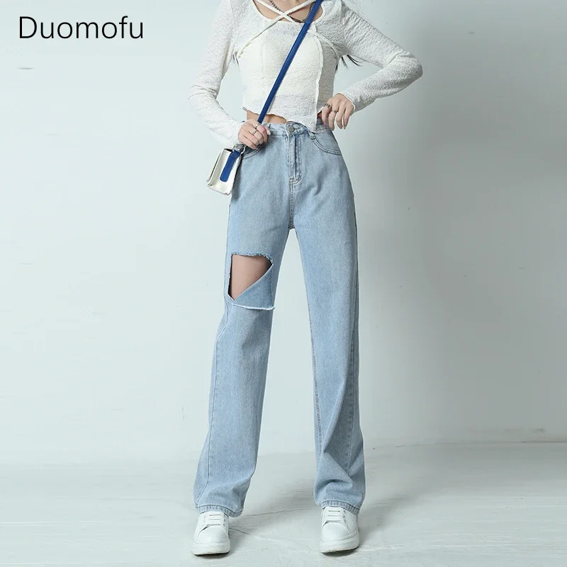

Duomofu Light Blue Chic Hollow Out Loose Women Jeans Korean Basic High Waist Slim Fashion Simple Solid Color Casual Female Jeans