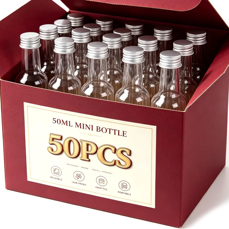 50/10x 50ml Plastic Spirit Bottles Reusable Plastic Empty Champagne Whiskey Small Bottle for Wedding Party Decoration Supplies