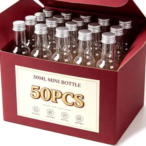 50/10x 50ml Plastic Spirit Bottles Reusable Plastic Empty Champagne Whiskey Small Bottle for Wedding Party Decoration Supplies