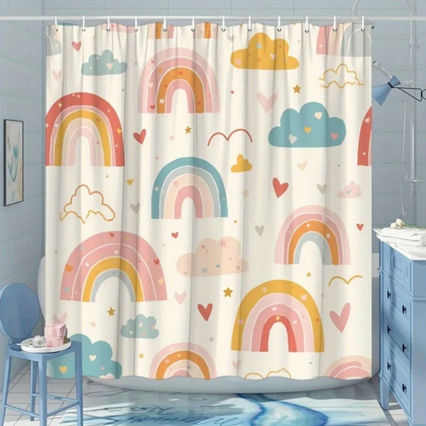 Colorful Rainbows and Hearts Shower Curtain - Water-Resistant, Easy to Clean, Adds a Bright and Cheerful Touch to Your Bathroom
