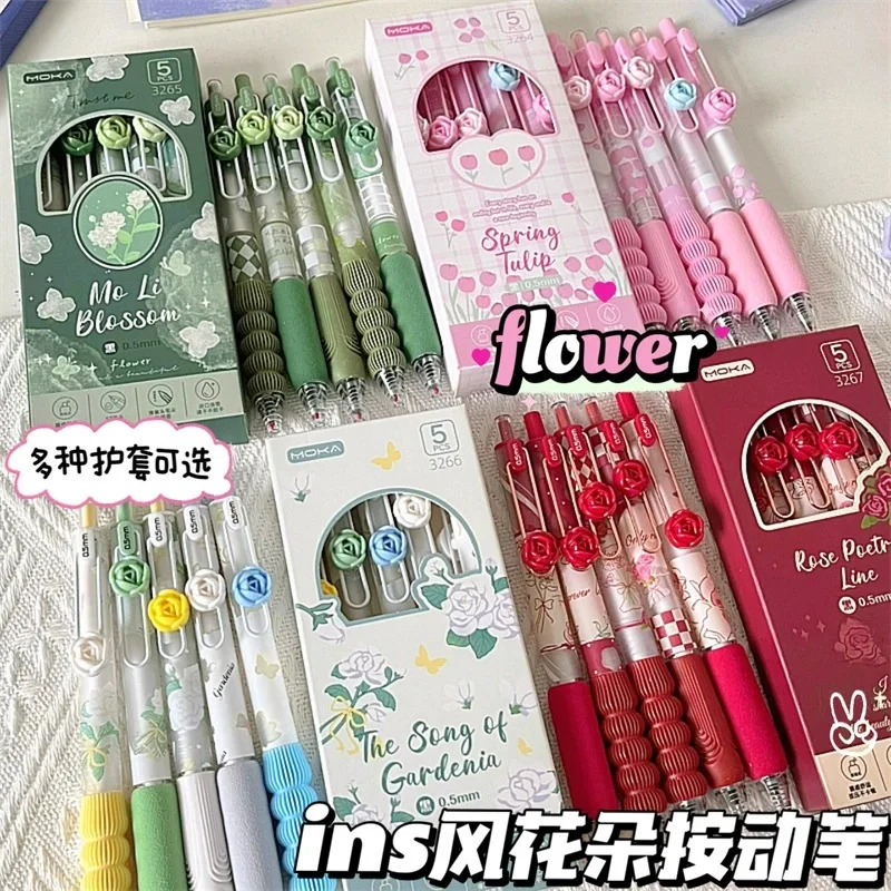 

5pcs/set Creative Soft Grip Gel Pen Press Type 0.5mm Black Ink Ballpoint Pen Flower Patch Neutral Pen Gift Writing Tools Kawaii
