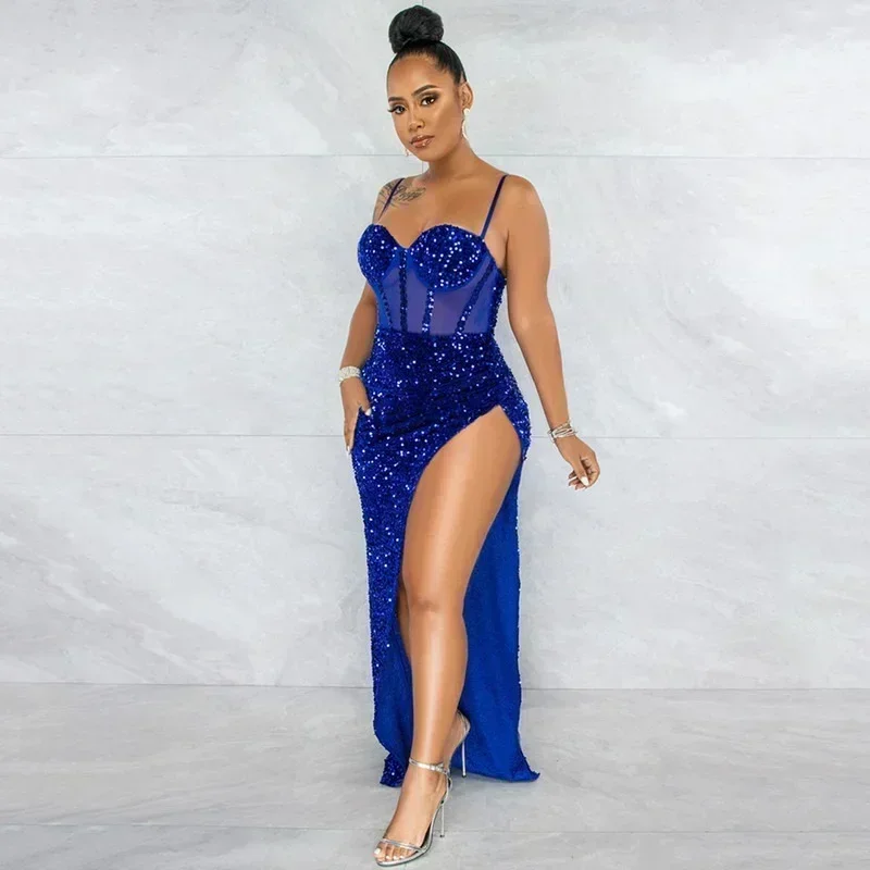 Guwu pura malha retalhos lantejoulas maxi vestido feminino alças de espaguete alta divisão bodycon longo festa robe noite clubwear vestidos