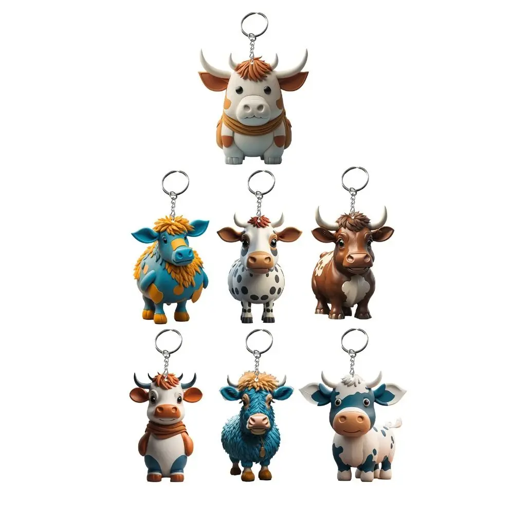 3.15in Cow Key Ring Cartoon Cute Car Keychain Creative Highland Cattle Acrylic Yak Key Holder Backpack Pendant