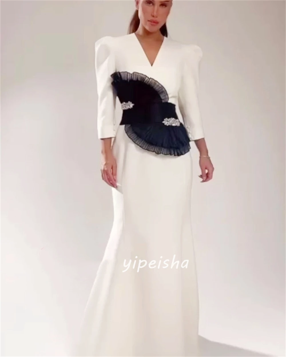 Customized Modern Style Jersey Sash Pearl Trumpet V-neck Midi Dresses Prom Dresses Retro Fashion Elegant Exquisite High Quality