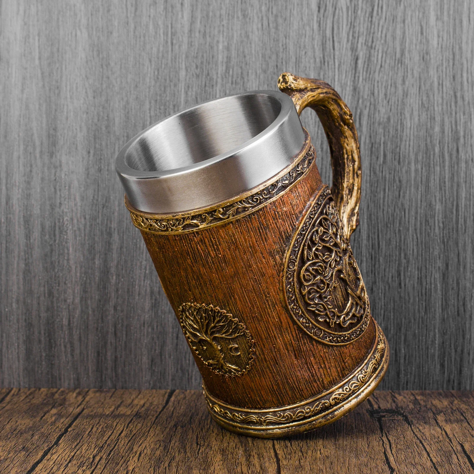 Tasse Viking arbre de vie nordique, tasse à bière en résine et acier inoxydable, arbre celtique, cadeau d'halloween, Imitation de bois rétro médiéval, 600ml