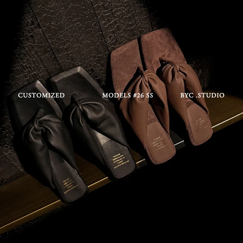 2026 new summer women sandals natural leather plus size 22-25.5cm soft heepskin split toe mules pleated high heel women slippers view 2