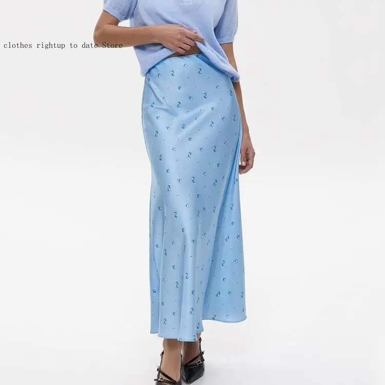 Spring and Autumn Leisure Commuting Travel Satin Pendant Flower Printed Temperament Waist Skirt for Women