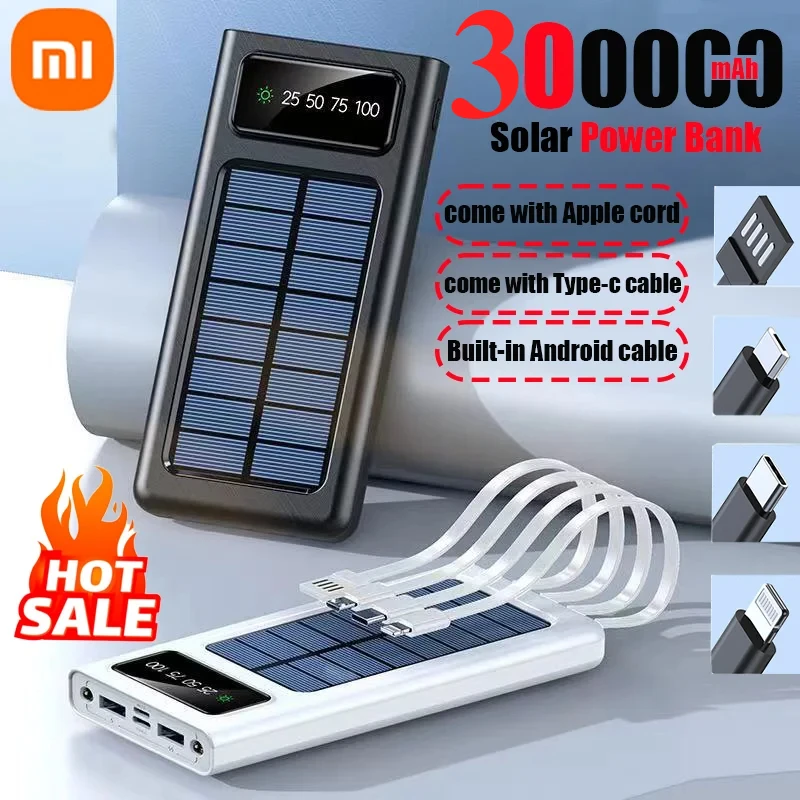 Xiaomi 300000mAh Solar Power Bank Built Cables Solar Charger 2 USB Ports External with LED Light Super Fast Charger Powerbank