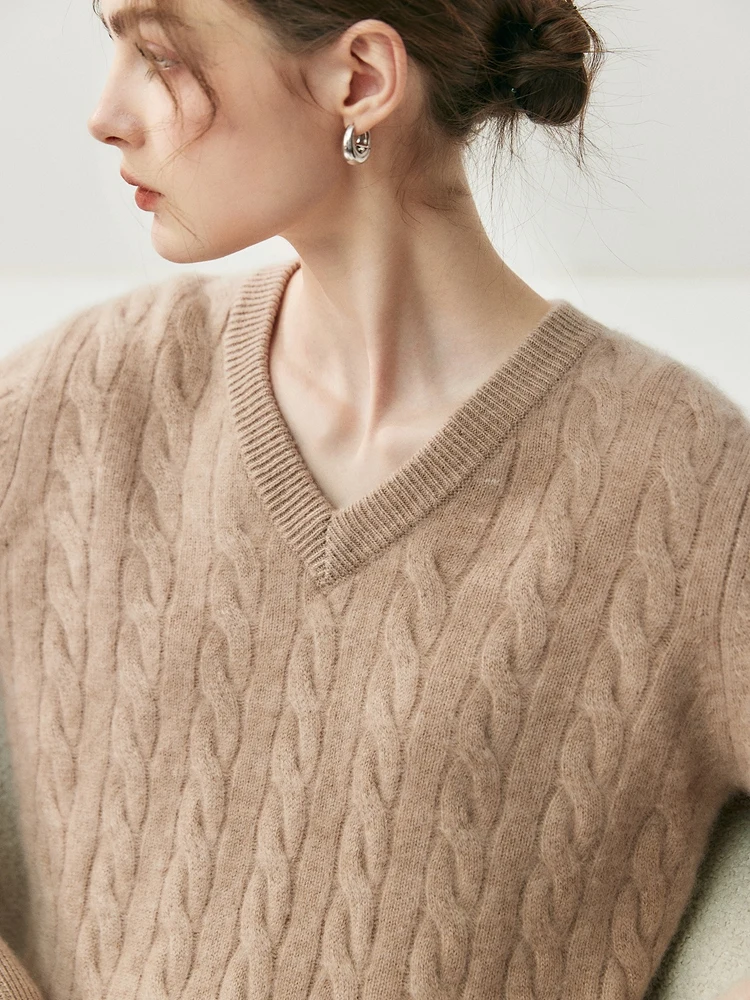 

TLOML New Women's 100% Cashmere Sweater V-neck Cable knit Pullover Autumn Winter Cashmere Knitted Comfy High Quality Basic Tops