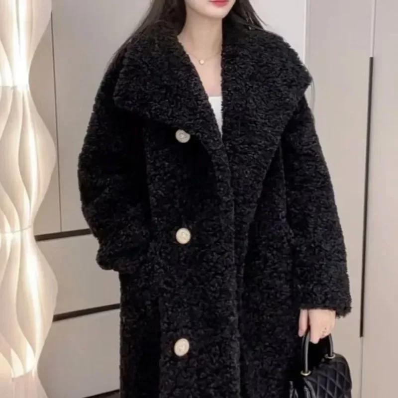 Winter 2025 New Women Lamb Fur OutCoat Female Fur One Network Red Explosive Lapel Thick Long Coat Pure Color Fur Warmth Jacket