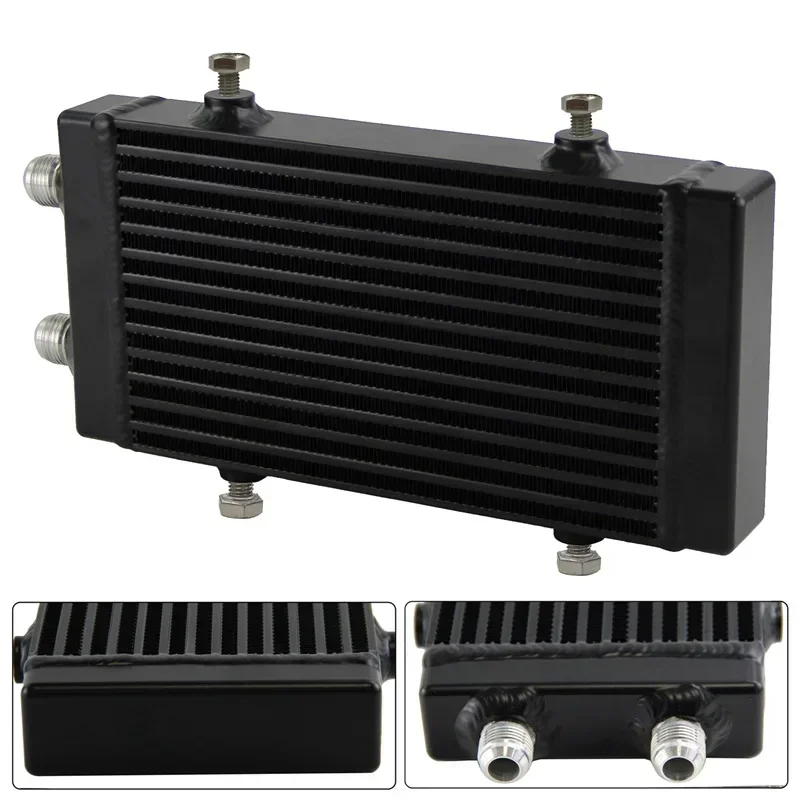 

Black Aluminum Dual Pass Oil Cooler - Universal Small Core, 9.5"x5.5"x1.58" Size, AN10 7/8"-14 UNF, Bar & Plate