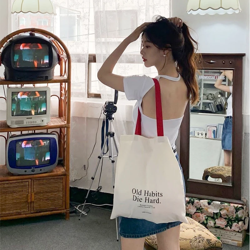 حقيبة قماش بكتف واحد ذات سعة كبيرة وأحرف بسيطة، حقيبة ظهر للطلاب، حقيبة تسوق محمولة باليد، حقيبة نسائية صديقة للبيئة #4