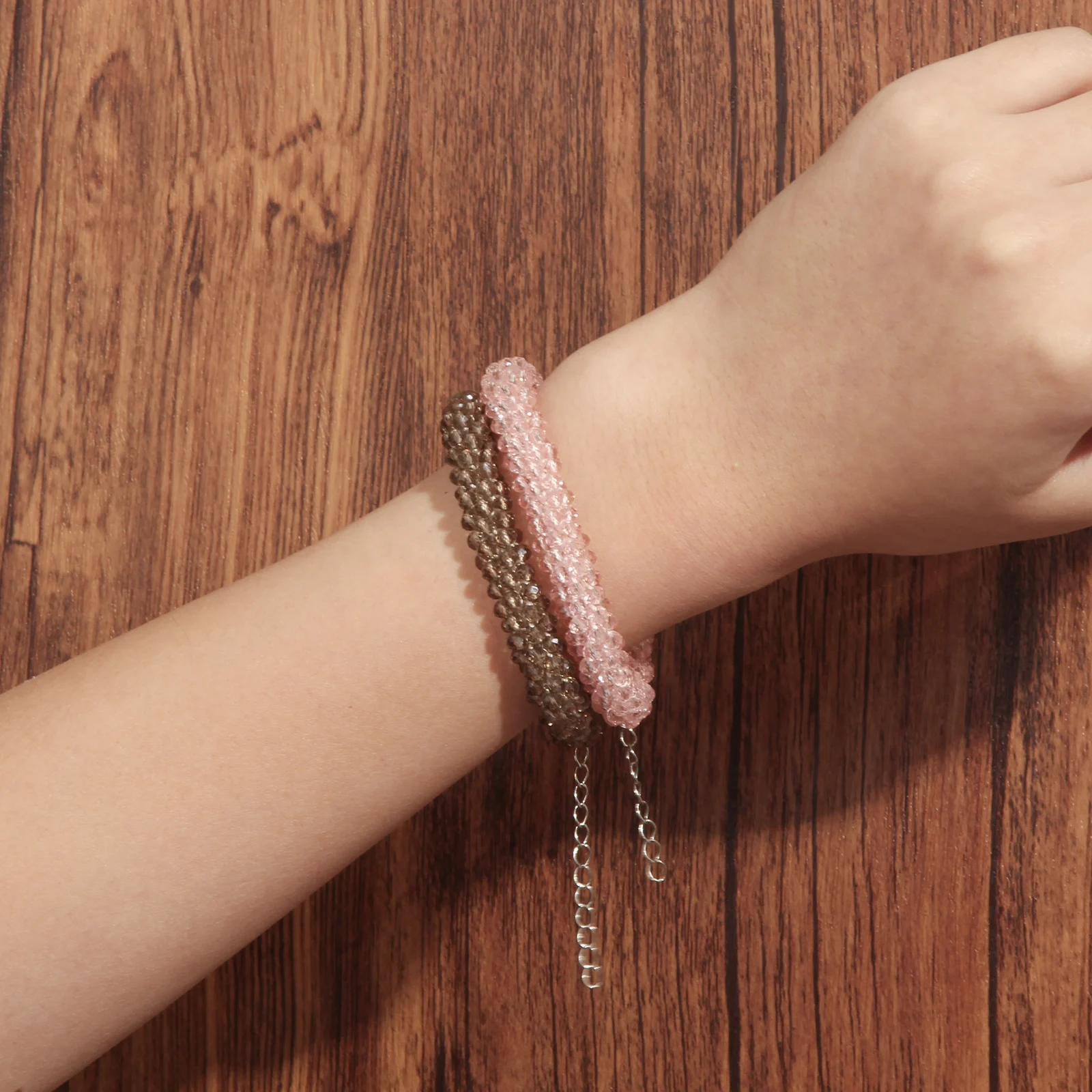

Pink Brown Handwoven Crystal Beaded Bracelet with Extension Chain for Women