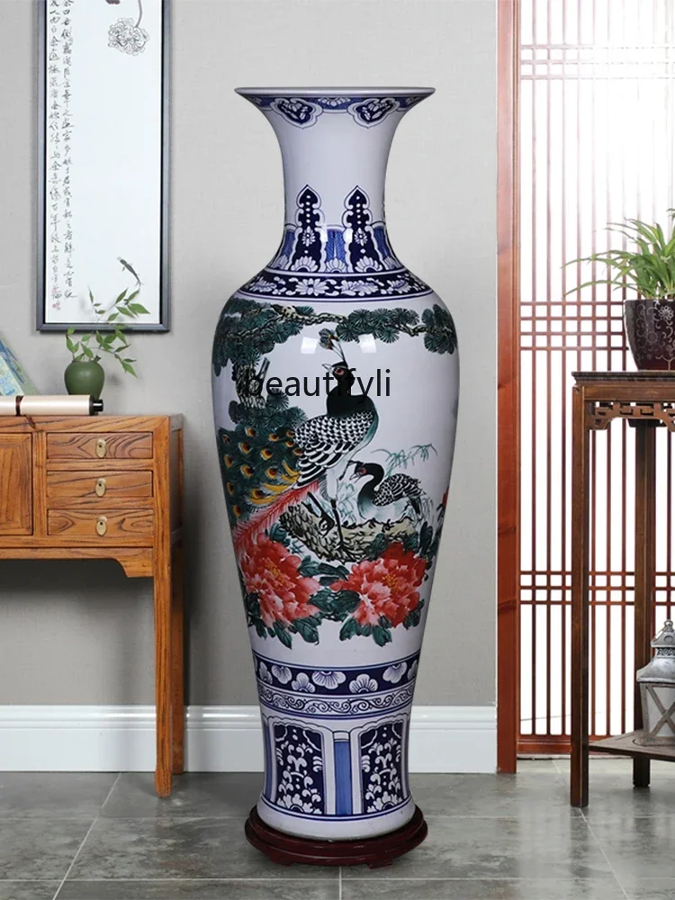 Jingdezhen Porcelain Hand Painted Blue and White Extra Large Vase Home Living Room Decorations Floor Neo Chinese Style Ornaments