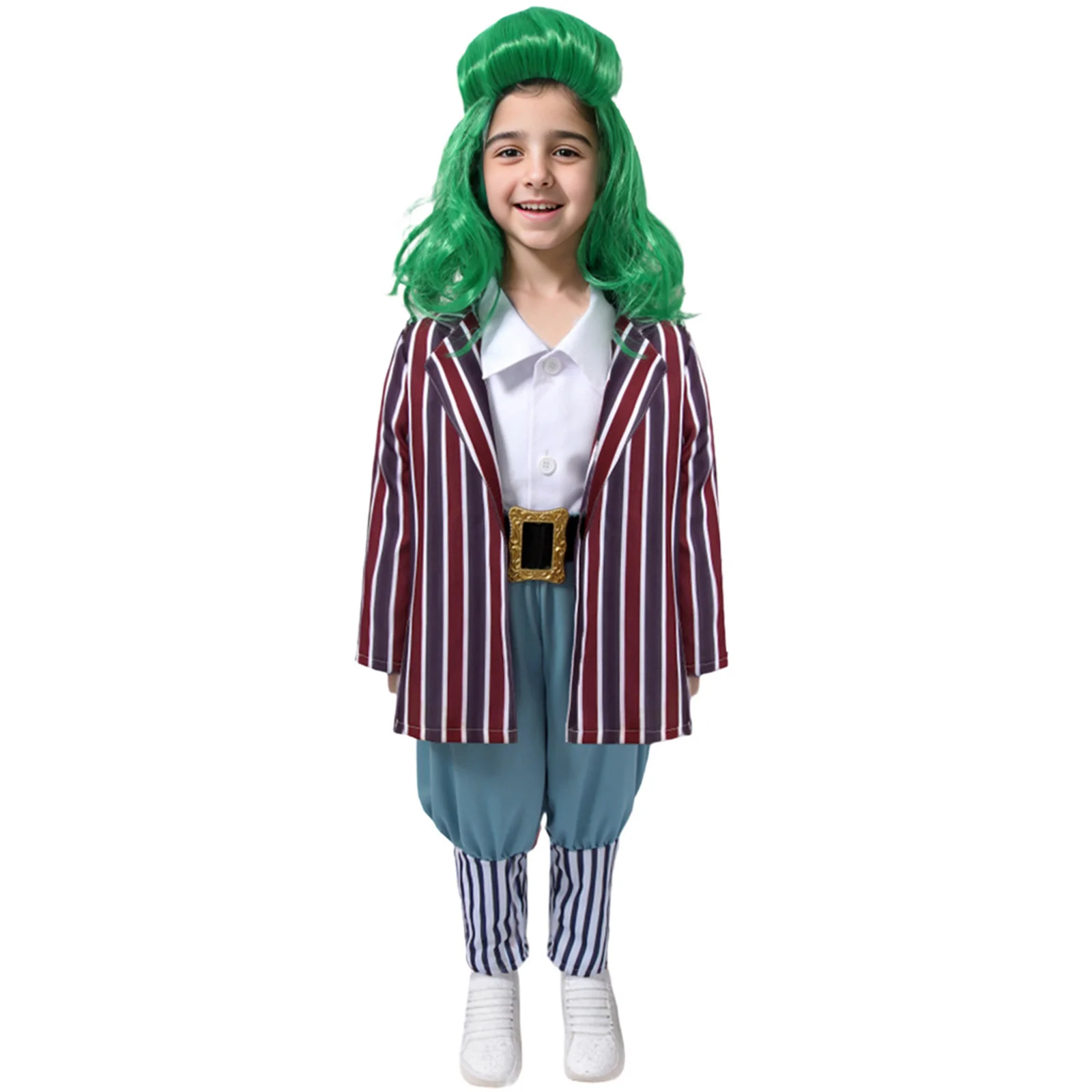 

Movie Oompa Loompa Kid Cosplay Costume Children Striped Suit with Waistband Wig Halloween Carnival Party Uniform