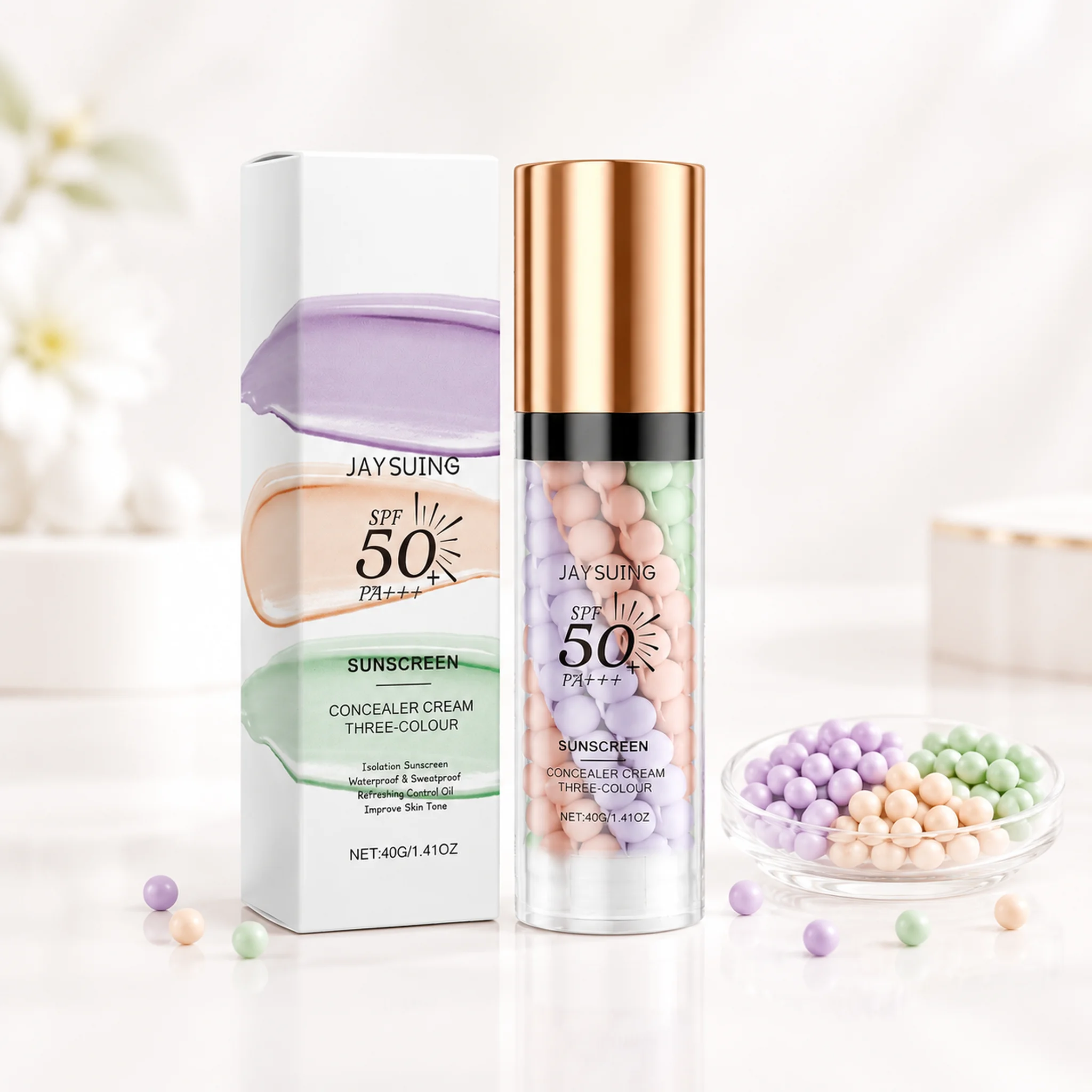 3-Colour Isolating Cream, Colour Correcting Makeup Base with Beads, Light Even Coverage, Natural Glow Finish, Fresh Feeling 40g