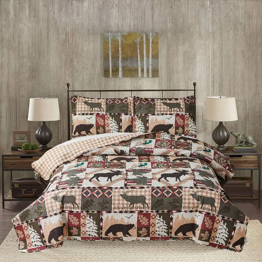 

Комплект из 3 предметов: двустороннее стеганое одеяло в деревенском стиле, размер Full/Queen, с рисунком лося и медведя, в стиле лоудж, с клетчатым узором, для спальни, с тематикой дикой природы и леса