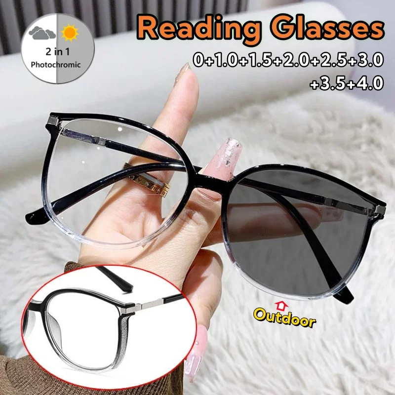 

Fashionable Large Framed Bright Edge Photochromic Reading Glasses Unisex Lightweight Leisure Far Sight Eyeglasses 0 To +4.0