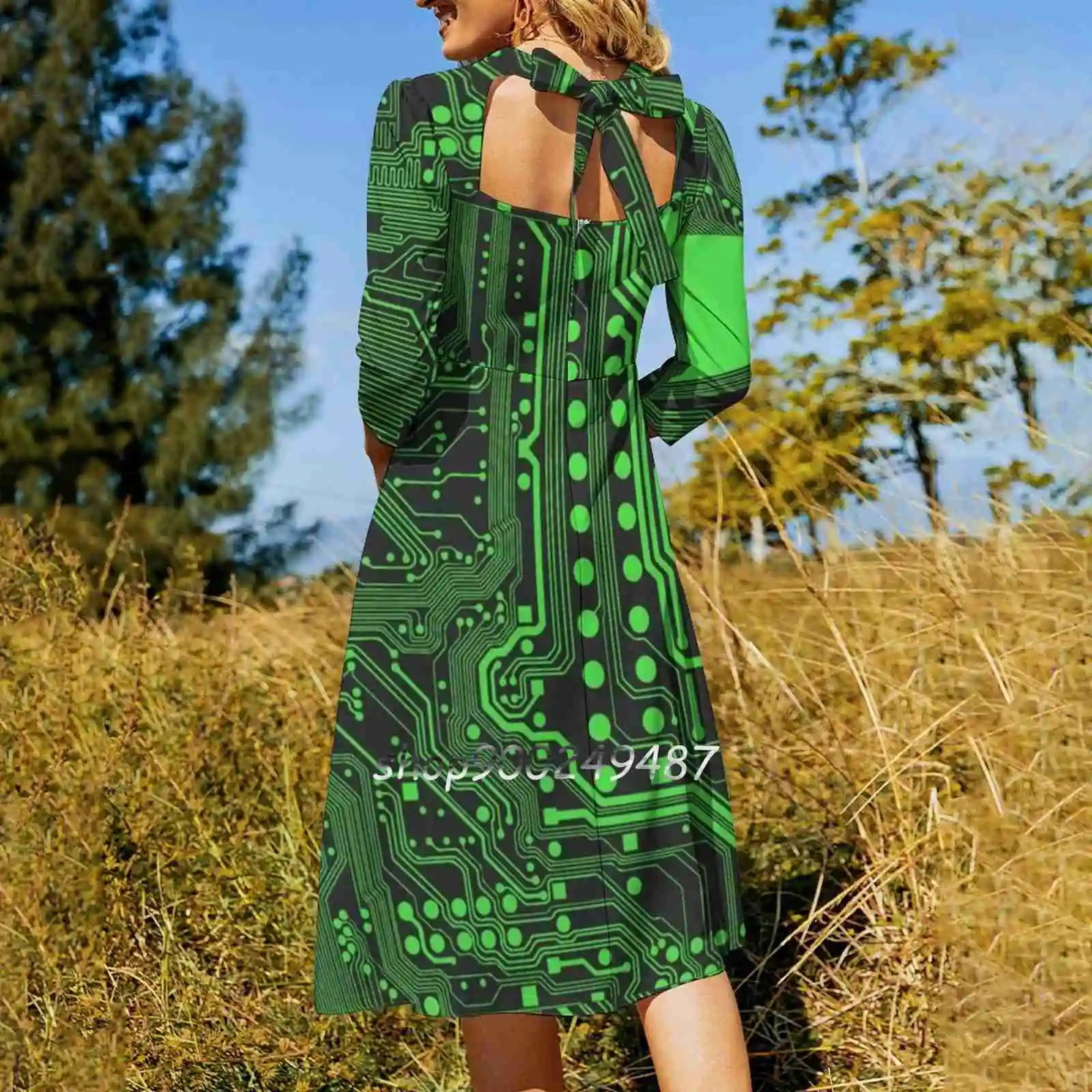 Electric Circuit Pattern Flare Dress Square Neck Dress Elegant Female Fashion Printed Dress Electric Circuit Pattern Eighties