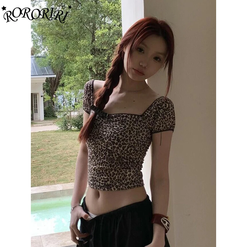 

RORORIRI Grayu Leopard Print Short Sleeves T-shirt Women Bow Decor Pleats Square Neck Slim Stretch Crop Top Retro Summer Clothes