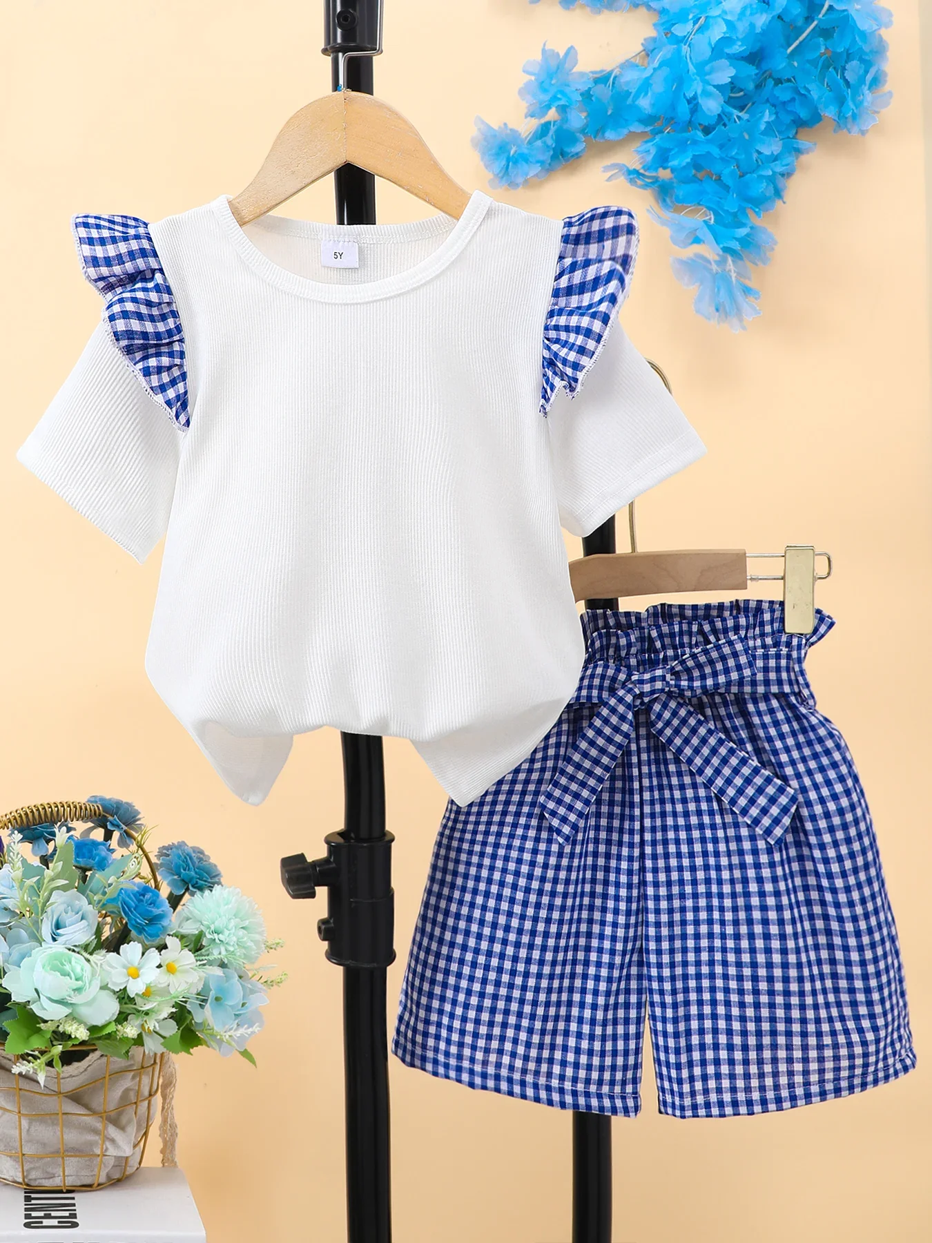 Plaid Splicing Two-Piece Set, Ruffle Short Sleeve Top + Plaid Shorts Set Sweet Fashion Clothes Girls Summer Outfit