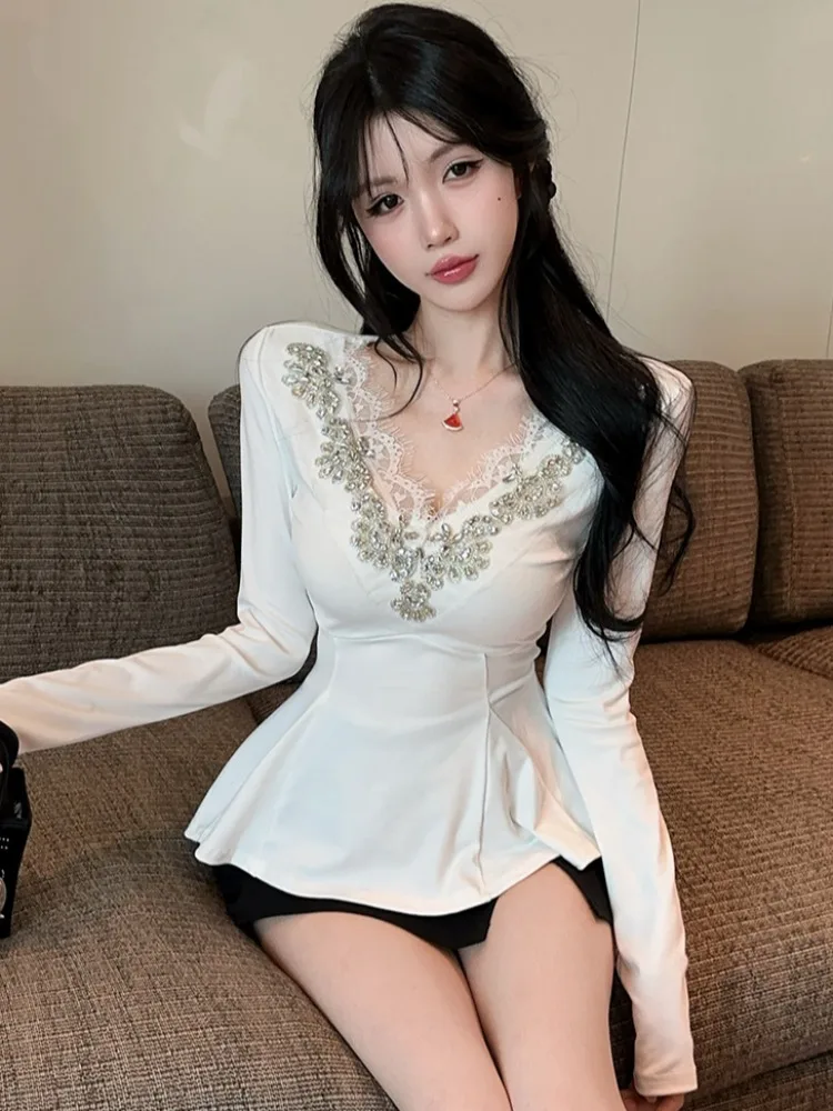 

Luxury Style Long Sleeve T-Shirt Women's Spring Autumn New Slim Fit Waist Cinched Diamond Embellished Lace V Neck Base Shirt