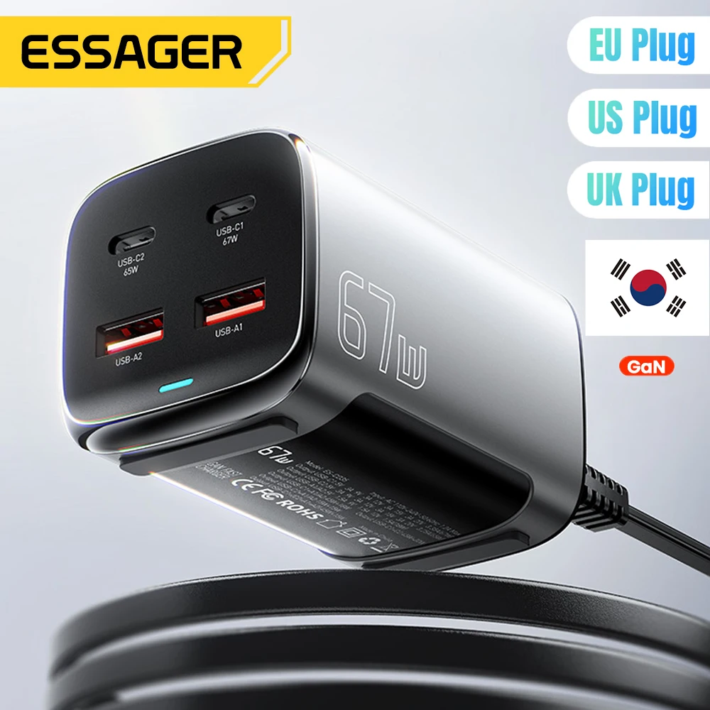 Essager 67W USB C GaN Charger Desktop Quick Charge3.0 PPS PD3.1 Fast Charging For MacBook Samsung iPhone 17 16 15 14 iPad Laptop