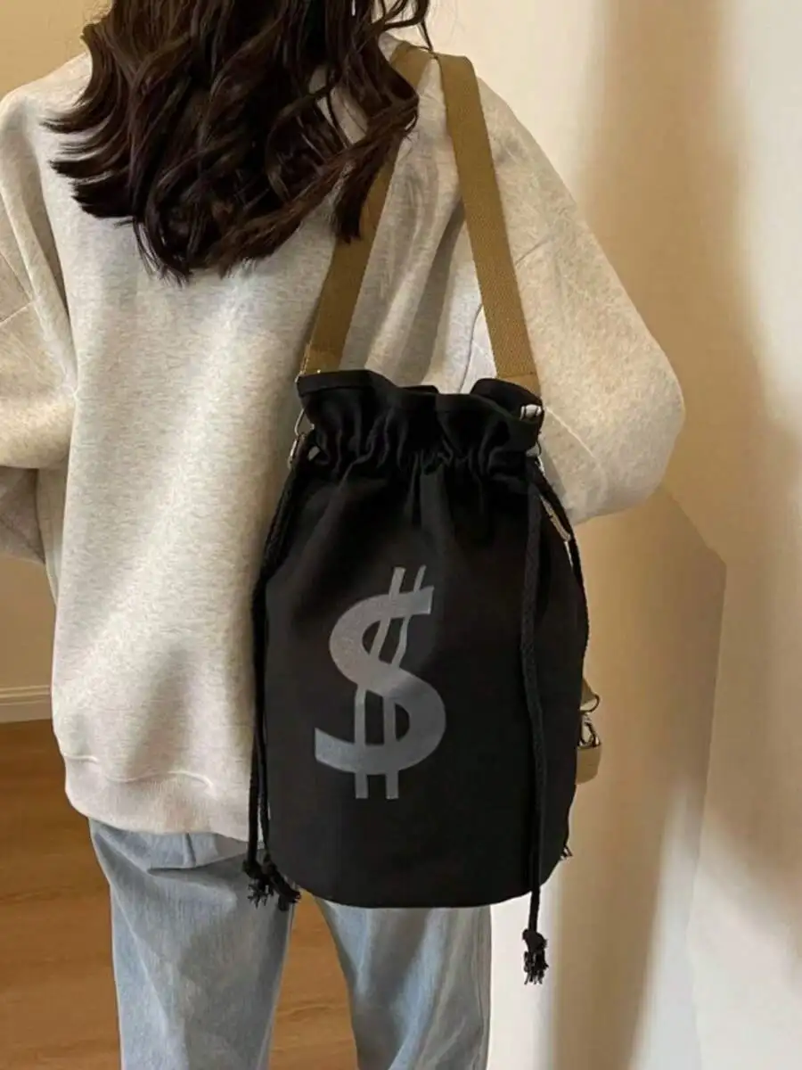 

Black Canvas Drawstring Crossbody Bucket Bag With Dollar Sign Print, Casual Small Tote For Daily Use