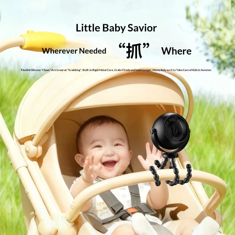 Baby Stroller Fan Low Noise USB Rechargeable With Night Light Digital Display Handheld Phone Holder Cooling Fan For Travel
