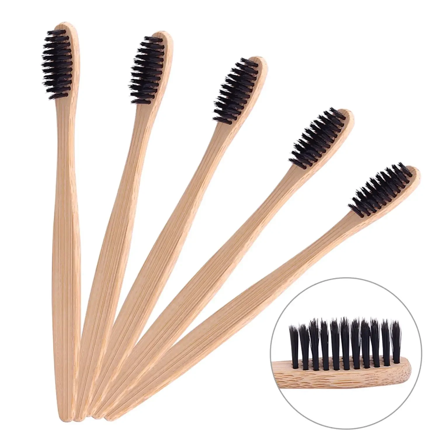 2pcs Nylon Toothbrush Pure Bamboo Wooden Black