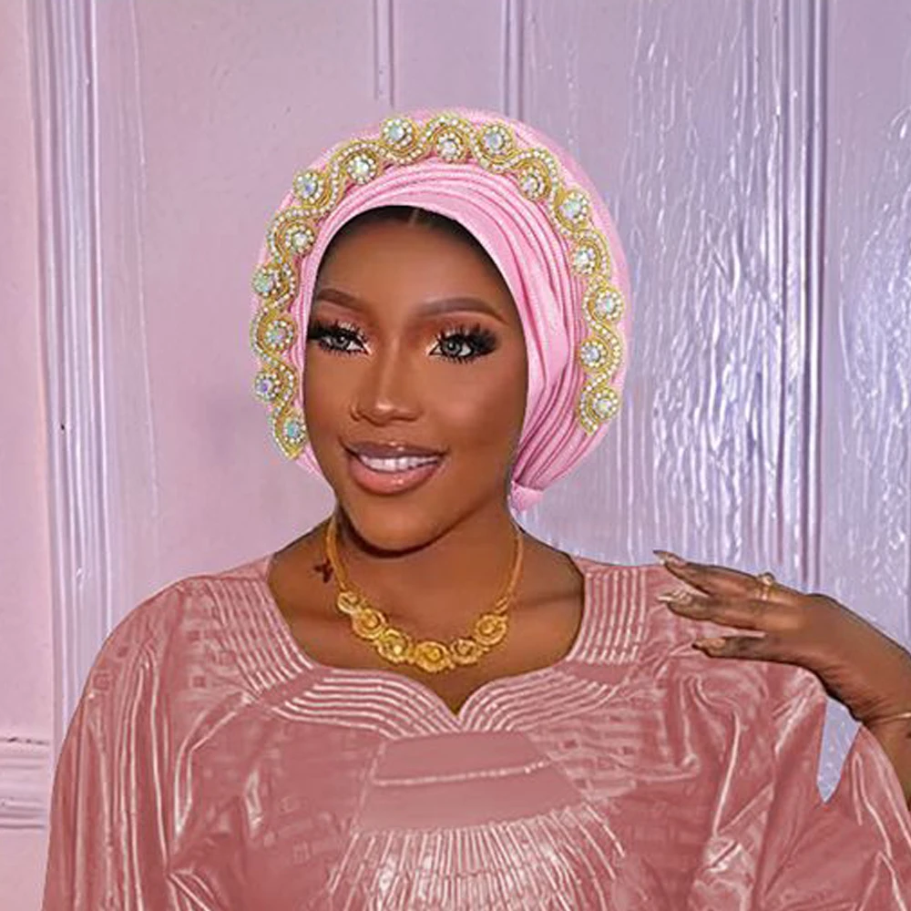 Topi Sorban Berlian Mewah untuk Wanita Nigeria Pernikahan Geles Topi Baja Pesta Turbante Mujer Afrika Auto Gele Headtie Head Wraps