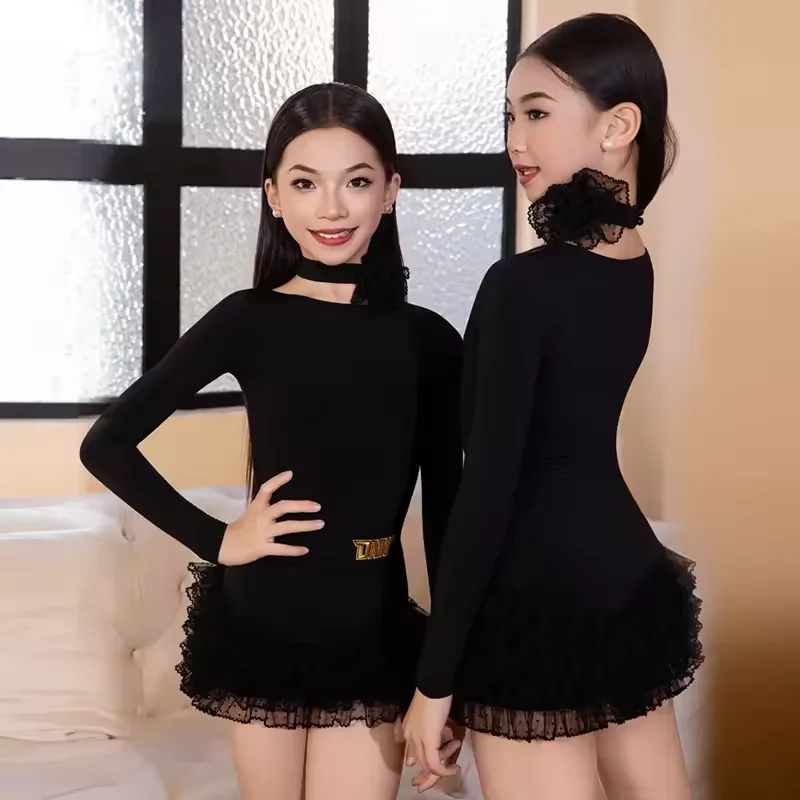 

Черный костюм для латинских танцев, комплект с юбкой-трико для латинских танцев с длинными рукавами для девочек, одежда для выступлений, детская одежда для практики ча-ча-румбы