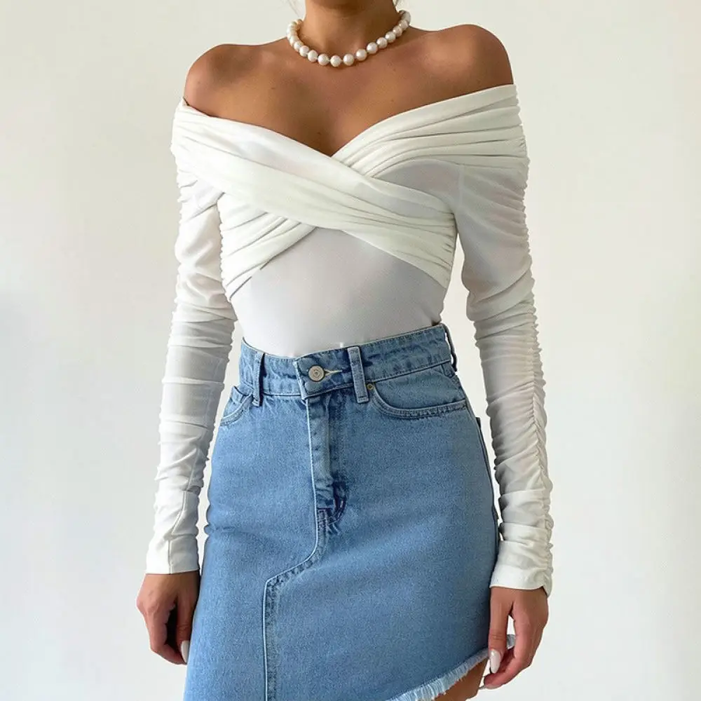 Elegant Off Shoulder Long Sleeve Bodysuit Ruched Slim Fit Jumpsuit Sexy High Waist Tops Spring Trendy Women Streetwear Black