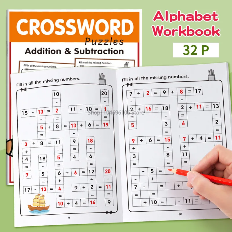 32 Pages Crossword Puzzle Math Workbook for Ages 3-8: Addition & Subtraction Practice with Fun Animal and Bee Illustrations