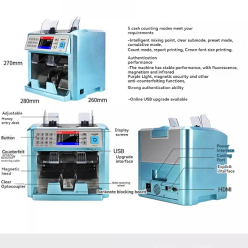 Contador de billetes de moneda Multi-Nacional, máquina de compensación de puntos mixtos, cantidad Total y otros billetes