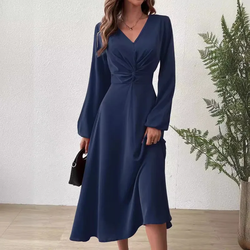 

Women's New V-neck Front Pleated Lantern Sleeve Dress Women Autumn Winter Commute French All-over-the-knee Elegant A-line Dress