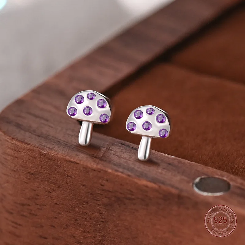 

925 Sterling Silver Minimalist Fashion Small Mushroom Earrings Zircon Screw Ear Stud Female Girls Jewelry